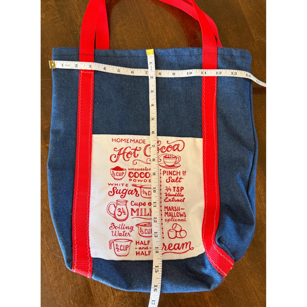 Handmade Denim Tote Bag Red Hot Cocoa Recipe Graphic Pocket Striped Lining Blue - Picture 4 of 4